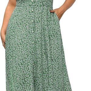 Plus Size Floral Midi Dress Rayon Button Front Pockets Casual Summer